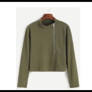 Army green neck zip front T-shirt